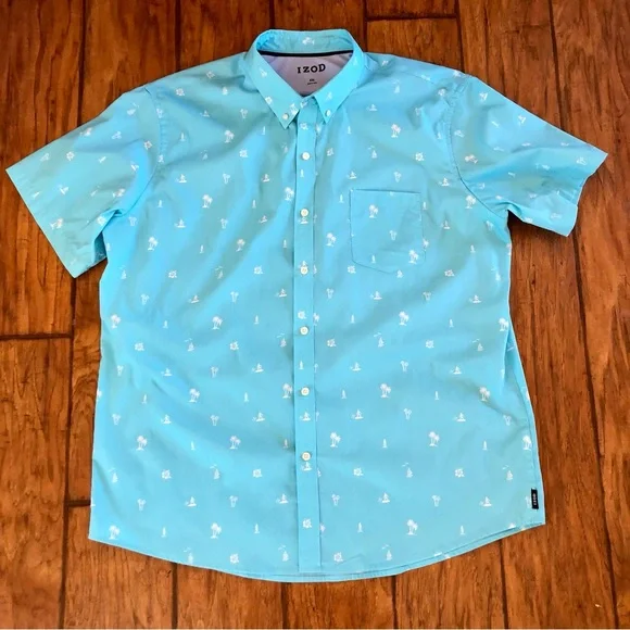Men’s IZOD Classic Saltwater Breeze Printed Aqua Short Sleeve Button-Up Shirt - Picture 2 of 10